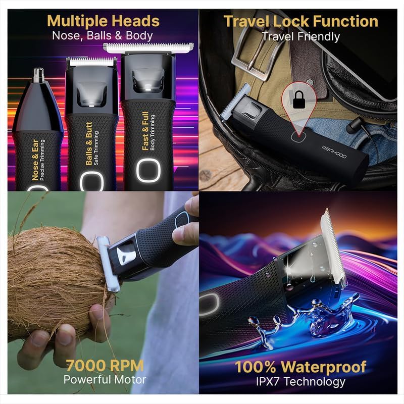 Trimmer Ultra 3-in-1 Beard Body Groin Nose Ear Trimmer for Men IPX7 Waterproof Ceramic Blade 7000 RPM USB-C Fast Charging 180 Min Runtime Manscaping Kit